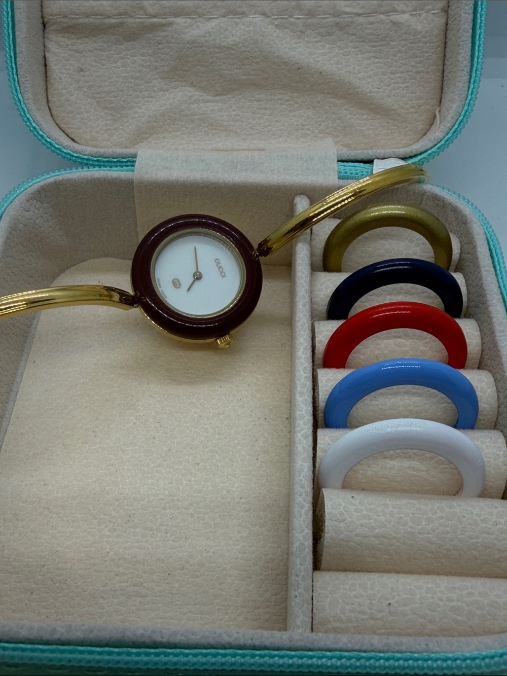 Gucci Gold Bangle Watch with Interchangeable Color Rings - Picture 1 of 3